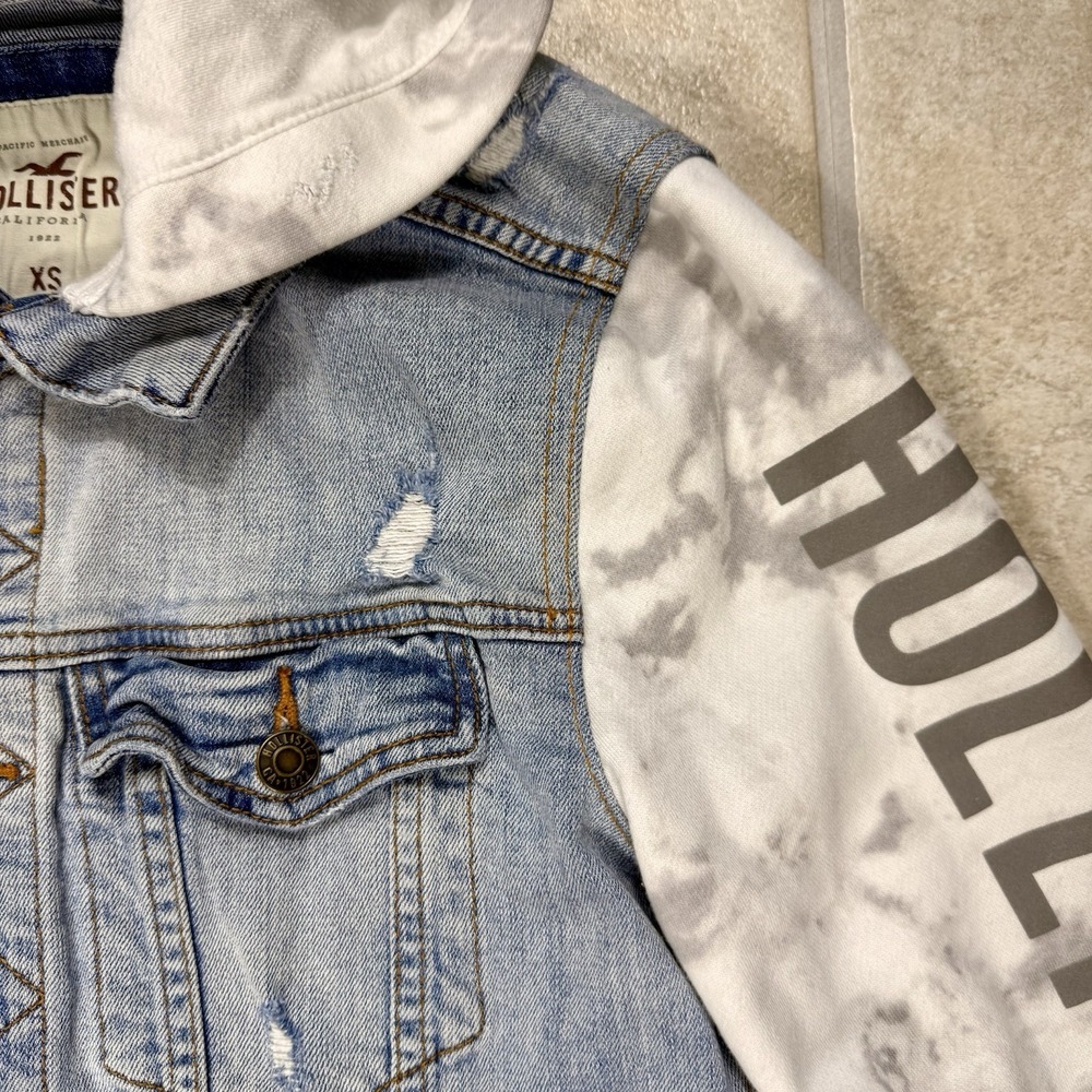 Hollister Denim Jacket Hoodie Women Xs Distressed Y2K Grunge - Picture 5 of 13